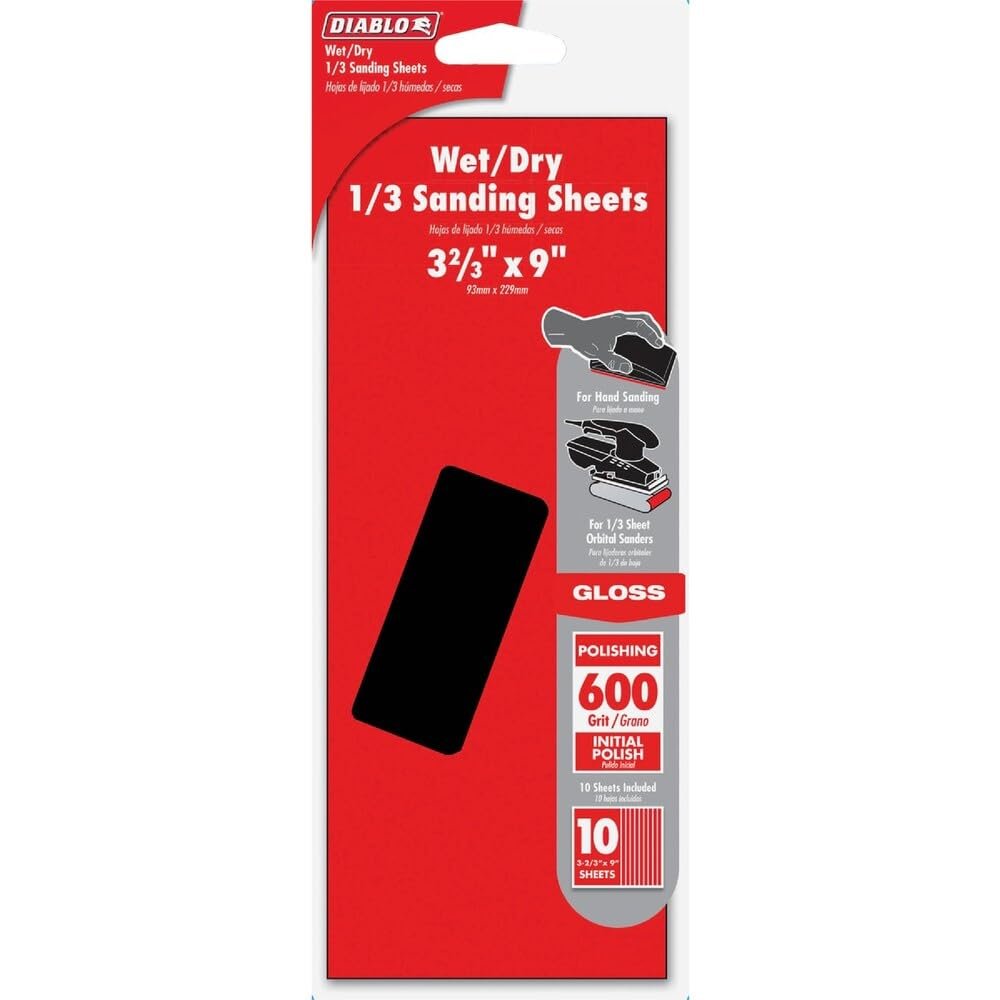 Diablo Wet/Dry Sanding Sheet with Silicone Carbide for Polishing Wood, Metal and Surface - 9" x 3-2/3" Size, 600-Grit Polishing - 10-Piece - DCS323600S10W