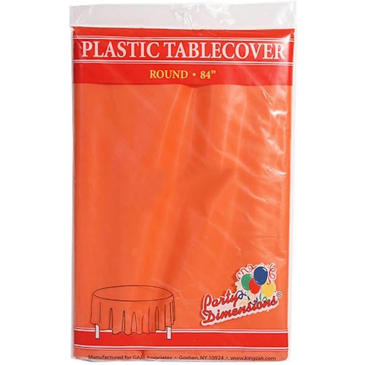 Party Dimension Tablecloth - 84" x 84" - Plastic Disposable Orange Round Tablecover for Weddings, Banquets, Parties : 12 Count
