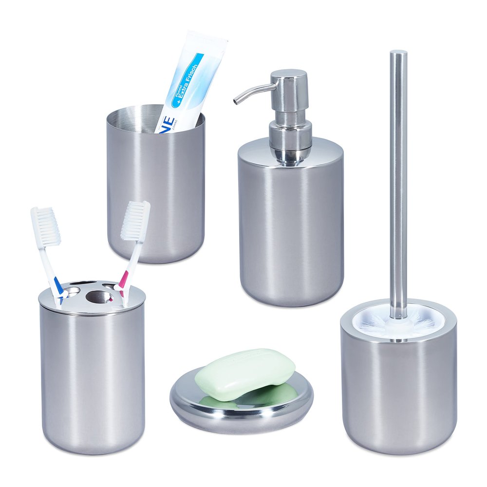 Relaxdays 5-Piece Bathroom Set, Polished Stainless Steel, Complete Toilet Accessories, Modern, Silver, 100%