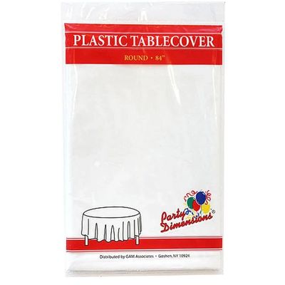 Party Dimension Tablecloth - 84" x 84" - Plastic Disposable White Round Tablecover for Weddings, Banquets, Parties : 12 Count