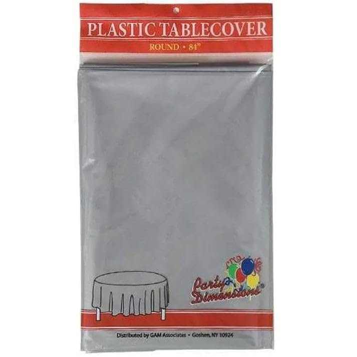 Party Dimension Tablecloth - 84" x 84" - Plastic Disposable Silver Round Tablecover for Weddings, Banquets, Parties : 12 Count