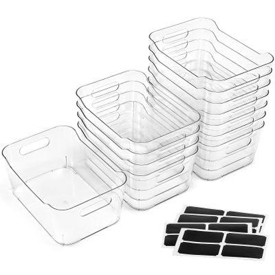 12 PACK Multiuse Clear Plastic Storage Bins for Organizing w/ Labels - Home, Kitchen, Bathroom, Office, Pantry Cabinet Shelf Organizer Bins - SOHO Collection, RV, Fridge Organization Containers