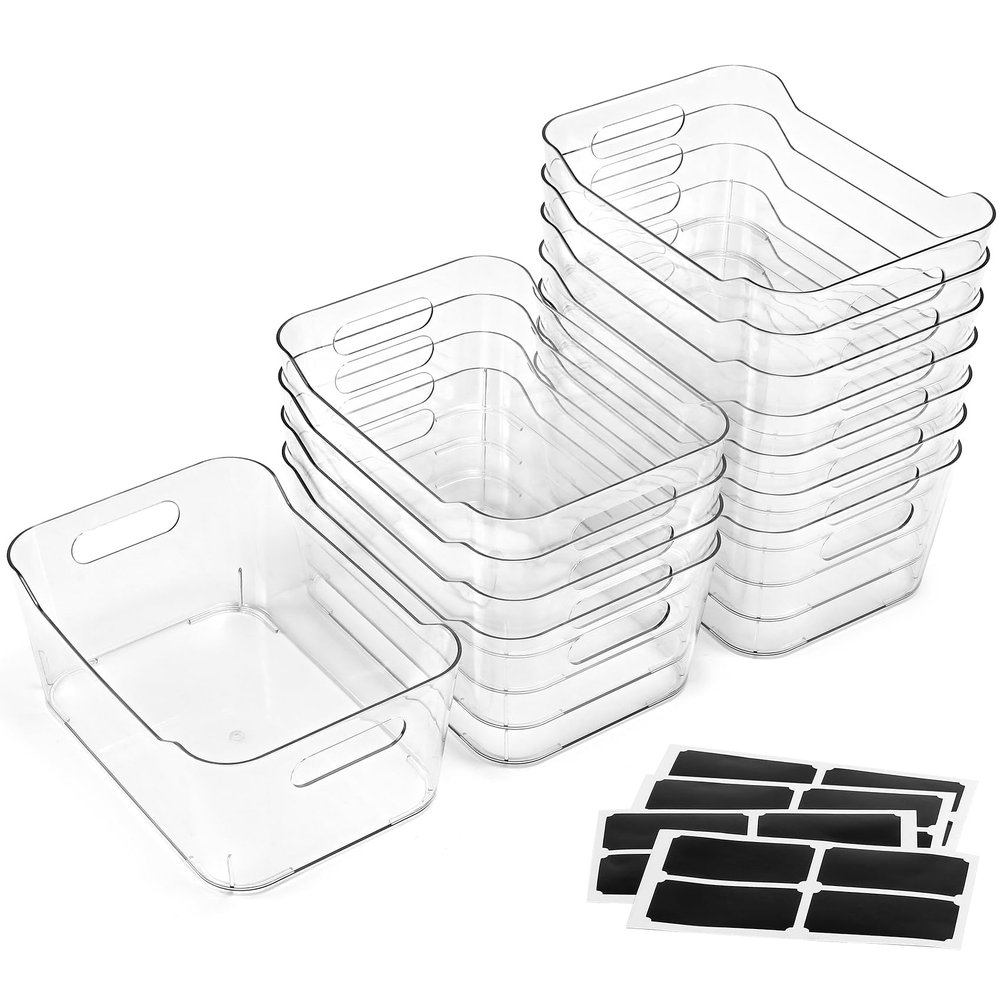 12 PACK Multiuse Clear Plastic Storage Bins for Organizing w/ Labels - Home, Kitchen, Bathroom, Office, Pantry Cabinet Shelf Organizer Bins - SOHO Collection, RV, Fridge Organization Containers