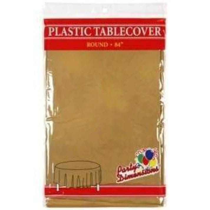 Party Dimension Tablecloth - 84" x 84" - Plastic Disposable Gold Round Tablecover for Weddings, Banquets, Parties : 12 Count
