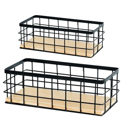 Basket Wallmount Metal Wire Storage Basket- 2 Pack with Wooden Chassis, Decorative Organizer Storage Tray for Hanging in Entryway, Mudroom, Bedroom, Bathroom, Laundry Room