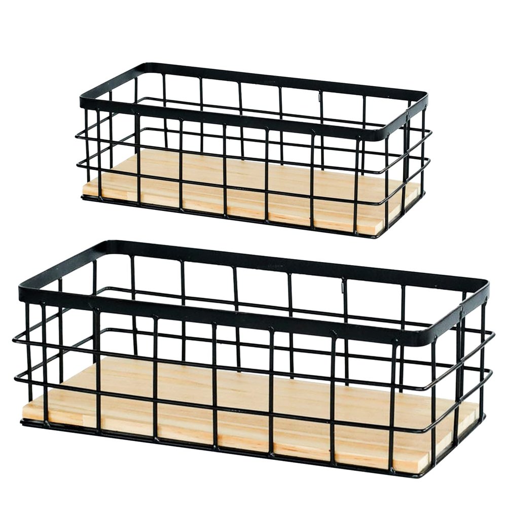 Basket Wallmount Metal Wire Storage Basket- 2 Pack with Wooden Chassis, Decorative Organizer Storage Tray for Hanging in Entryway, Mudroom, Bedroom, Bathroom, Laundry Room