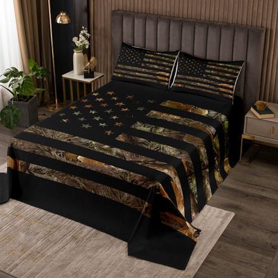 American Flag Camo Bedspread Quilted Queen,Military Bedding Hunting Rustic Trees Leaves Camouflage Coverlet Set For Boys Teens Kids Man Bedroom Nature Conifer Oak Branches Quilt Set 2 Pillow Cases