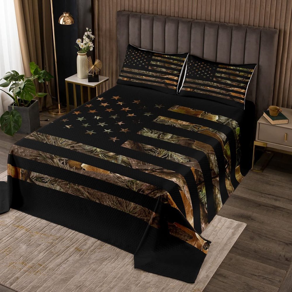 American Flag Camo Bedspread Quilted Queen,Military Bedding Hunting Rustic Trees Leaves Camouflage Coverlet Set For Boys Teens Kids Man Bedroom Nature Conifer Oak Branches Quilt Set 2 Pillow Cases