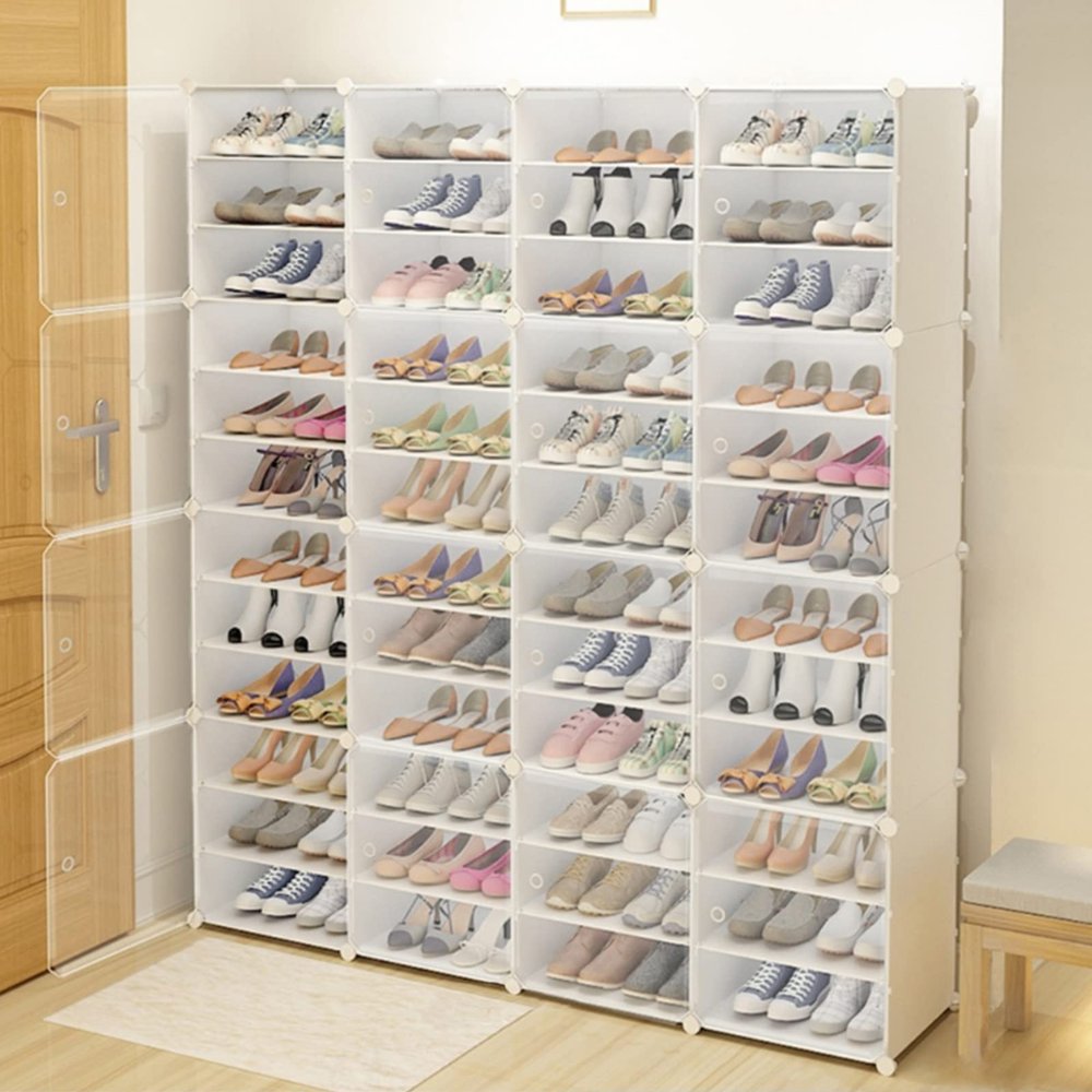 96 Pairs Shoe Storage Boxes clear Stackable Shoe Container Organizer Sneaker Display Case Freely Combinable Shoe Organizer Cubby, 12 Tier Shoe Container Plastic Storage Bin Shoe Box Rack Organizer