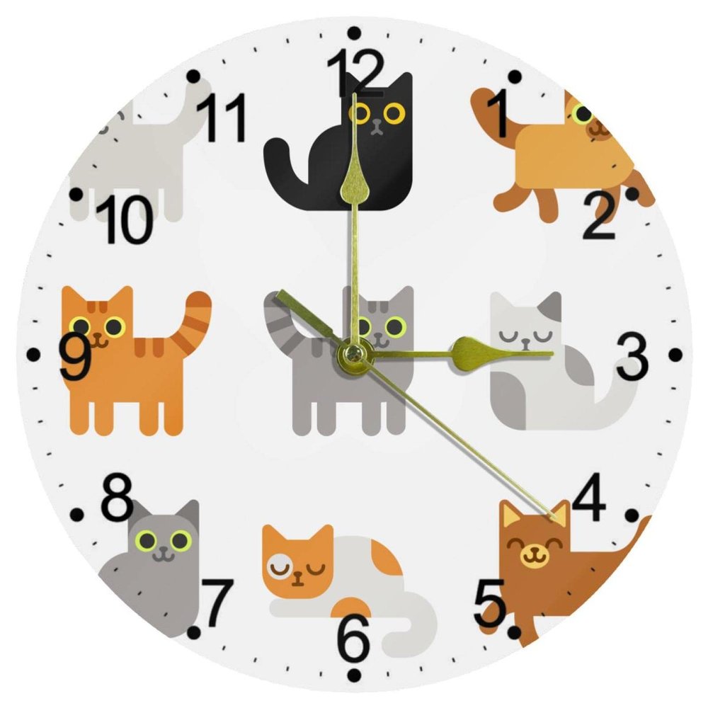 Cartoon Cats Set Wall Clock Quite Non-Ticking Quartz Silent - 10 Inch Decorative Round Acrylic Wall Clock Easy to Read for Home Office School