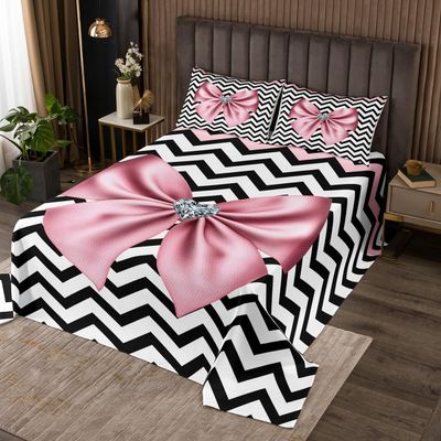 Pink Bow Bedspread Queen Size,Wavy Stripes Coverlet Set 3pcs for Kids Teens Girls Adult Room Decor, Geometric Quilted Coverlet Black Bedding Quilt with 2 Pillowcases