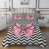 Pink Bow Bedspread Queen Size,Wavy Stripes Coverlet Set 3pcs for Kids Teens Girls Adult Room Decor, Geometric Quilted Coverlet Black Bedding Quilt with 2 Pillowcases view 2
