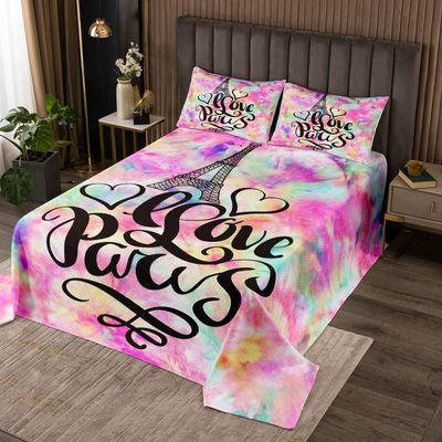 Eiffel Tower Bedspread Twin Size,Tie-dye Graffiti Design Coverlet Set 2pcs for Kids Teens Girls Boys Room Decor, Famous City Building Quilted Coverlet Watercolor Bedding Quilt with 1 Pillowcase