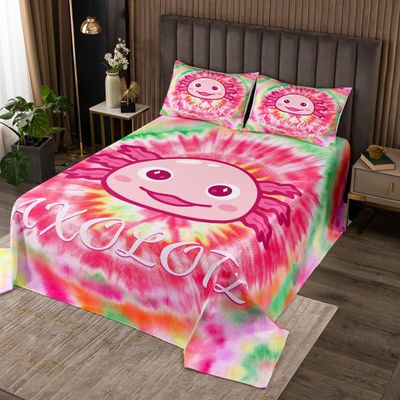 Cute Axolotl Bedspread Queen Size,Tie-dye Vortex Coverlet Set 3pcs for Kids Teens Girls Boys Room Decor, Cartoon Animal Theme Quilted Coverlet Watercolor Bedding Quilt with 2 Pillowcases