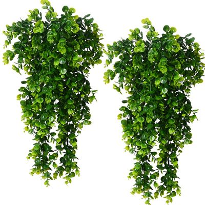 2pcs Artificial Hanging Plants Fake Hanging Plant Faux Eucalyptus Leaf Greenery Vine Outdoor UV Resistant Plastic Plants (2, Green)