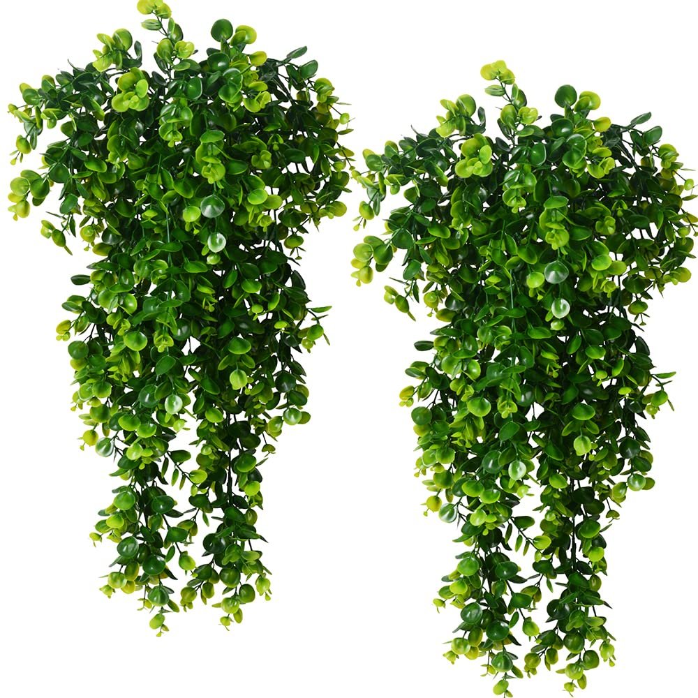 2pcs Artificial Hanging Plants Fake Hanging Plant Faux Eucalyptus Leaf Greenery Vine Outdoor UV Resistant Plastic Plants (2, Green)