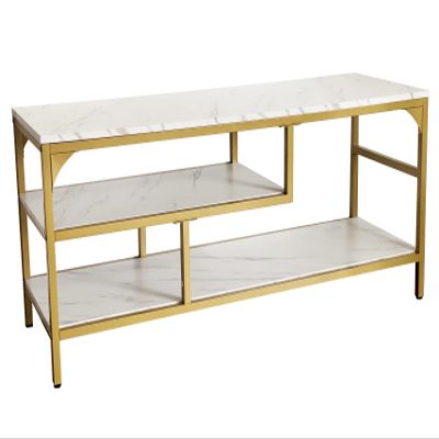 AT-VALY 3-Tier Stand for TV Media Console Table with Open Shelving Storage for Living Room Bedroom (Gold Frame with White Faux Marble top PB Board)