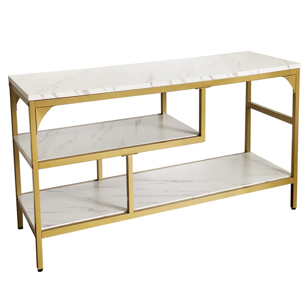 AT-VALY 3-Tier Stand for TV Media Console Table with Open Shelving Storage for Living Room Bedroom (Gold Frame with White Faux Marble top PB Board)