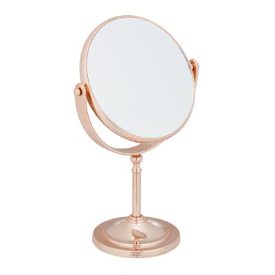 Relaxdays Makeup Mirror, 2X Magnification, Double-Sided, Swivels 360, Round, Standing, HxWxD: 27.5x18x10.5 cm, Copper