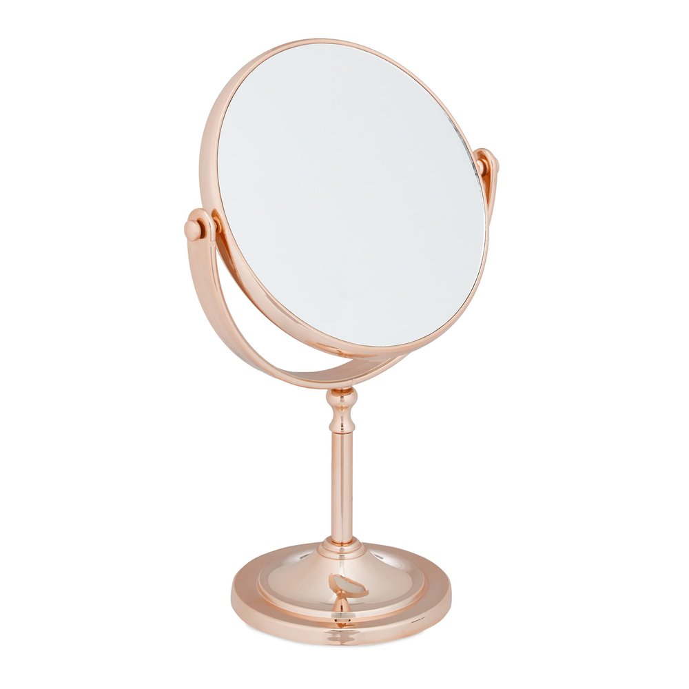Relaxdays Makeup Mirror, 2X Magnification, Double-Sided, Swivels 360, Round, Standing, HxWxD: 27.5x18x10.5 cm, Copper