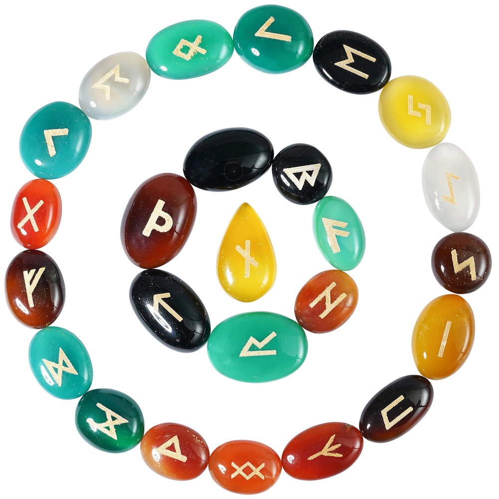 Crocon Assorted Handmade Rune Stones with Elder Futhark Alphabet Engraved 25 pcs Runes Set for Beginners Reiki Healing Balancing with Pouch & a Rune brochure Handcrafted Viking Runes Stones