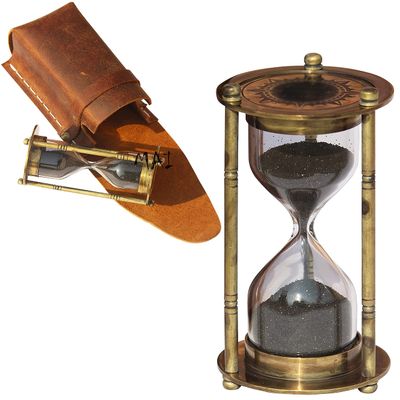Antique Sand Timer 1 Minute Duration Decorative Nautical Vintage Style Brass Hourglass Safety Leather Case Clock Unique Hour Glass Sandglass for Office Desk Home Kitchen by Marine International