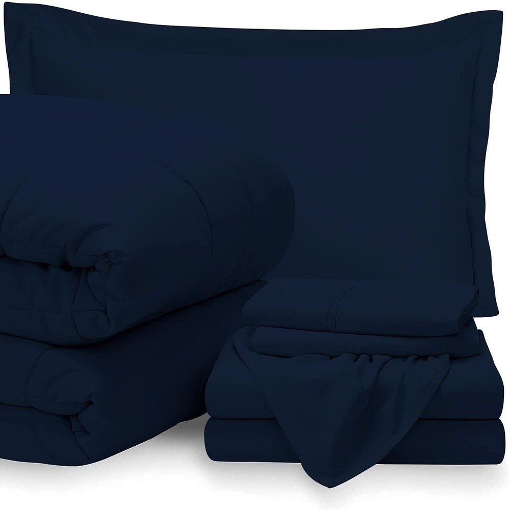 7 Piece Bed-in-A-Bag Bedding Comforter & Sheet Set 24" Deep Pocket, 500 GSM Fill 100% Egyptian Cotton Full Size Navy Blue Complete Set Include-Comforter, Sham, Sheets & Pillowcase Set