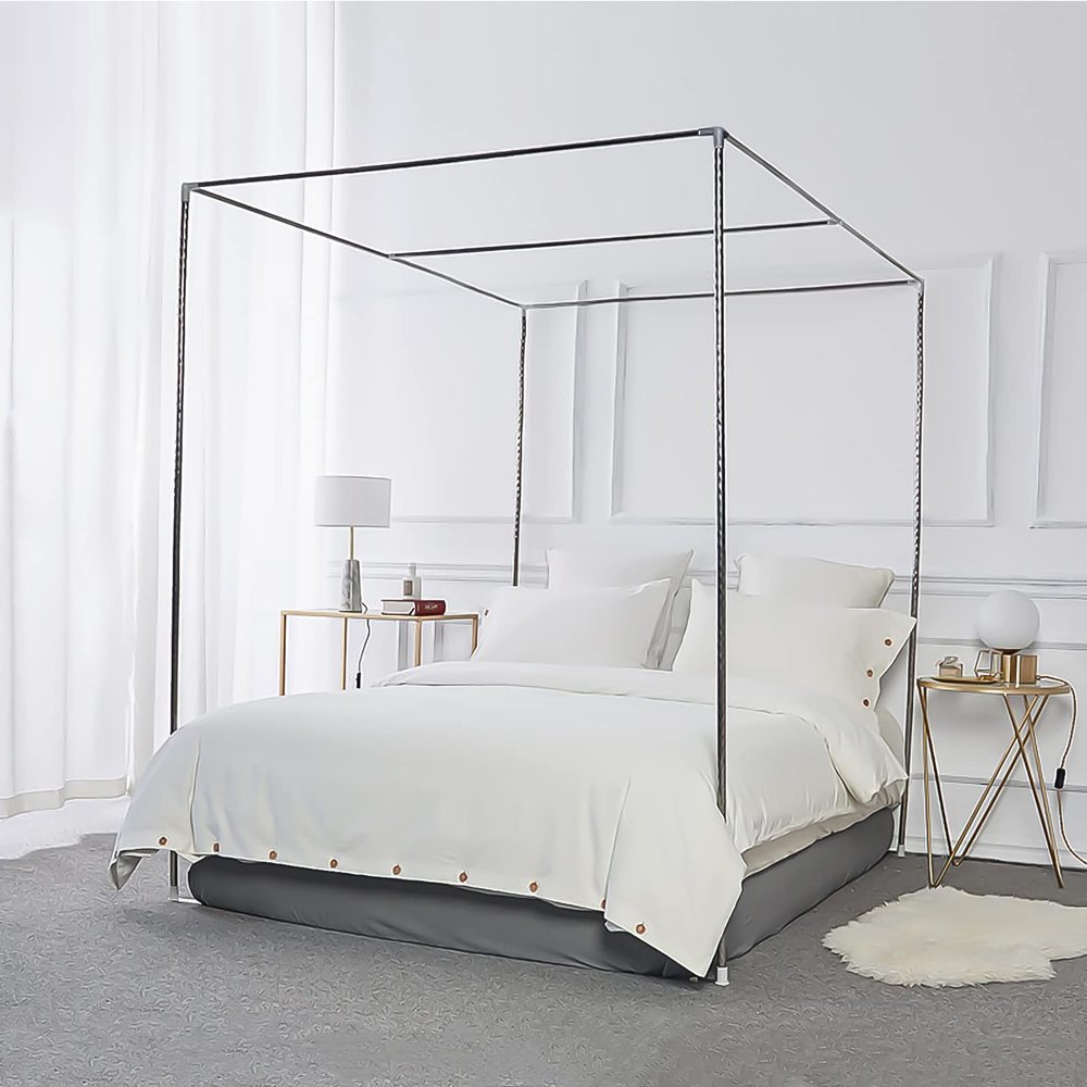 Foreate Canopy Bed Frame Stainless Steel Full Size Bed Canopy Frame & Bed Poles, Fit for Four-Corner Bed and Mosquito Curtains, Full (Silver)
