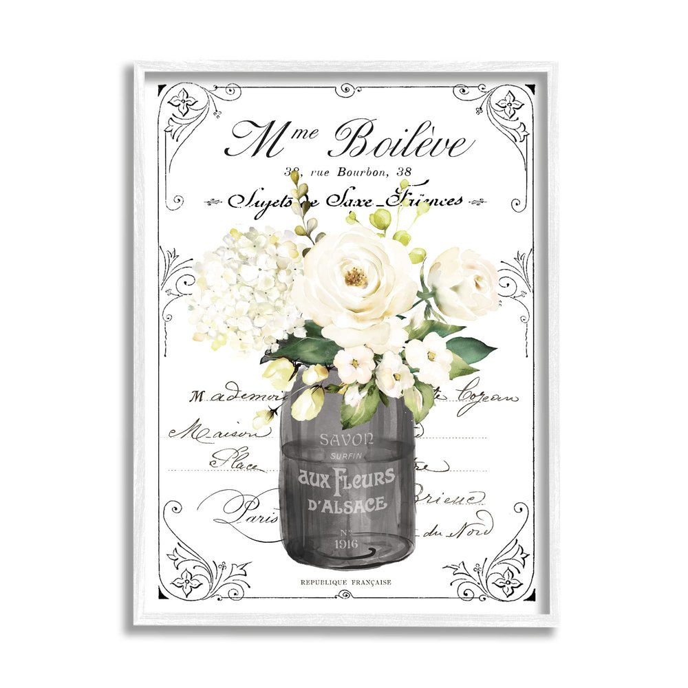 Stupell Industries Vintage Parisian Bathroom Floral Bouquet White Flowers, Design by Lettered and Lined