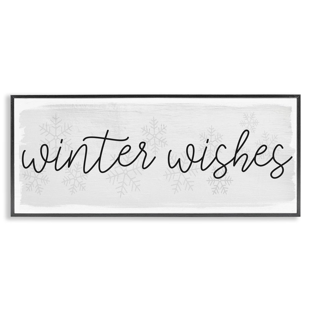 Stupell Industries Winter Wishes Sentiments Geometric Snow Flakes Cursive Typography Black Framed Wall Art, 30 x 13, Off- White