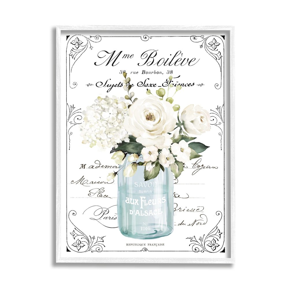 Stupell Industries Vintage Parisian Floral Bouquet White Farmhouse Flowers, Design by Lettered and Lined