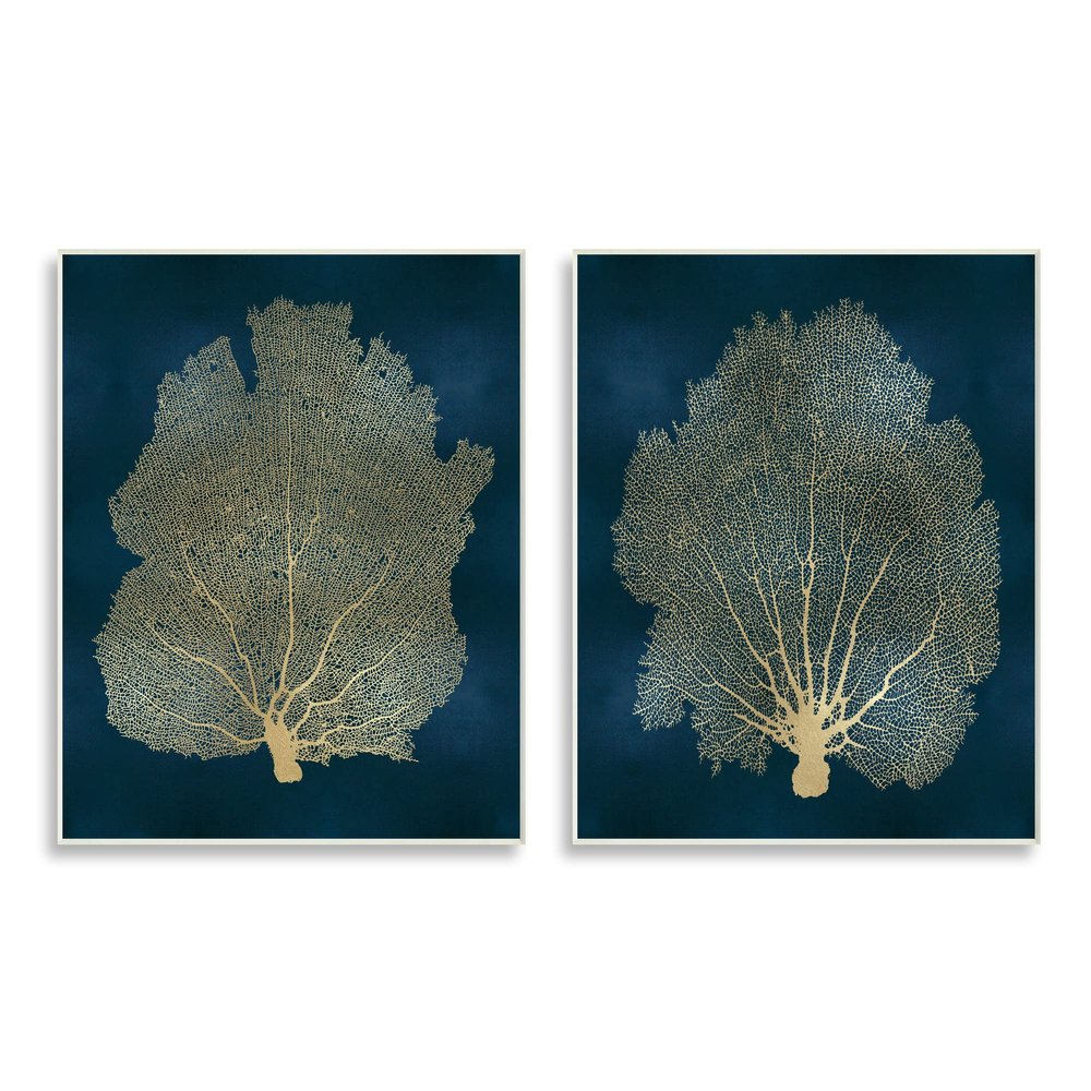 Stupell Industries Modern Sea Fan Composition Blue Gold Ocean Plant, Design by Melonie Miller