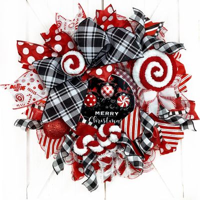 Artisan Christmas Peppermint Wreath with Ball Ornaments, Candy Canes, Handmade Lollipop & Peppermint Ornament, Bow