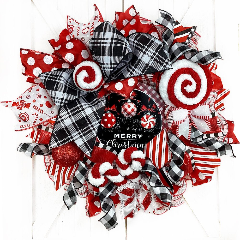 Artisan Christmas Peppermint Wreath with Ball Ornaments, Candy Canes, Handmade Lollipop & Peppermint Ornament, Bow