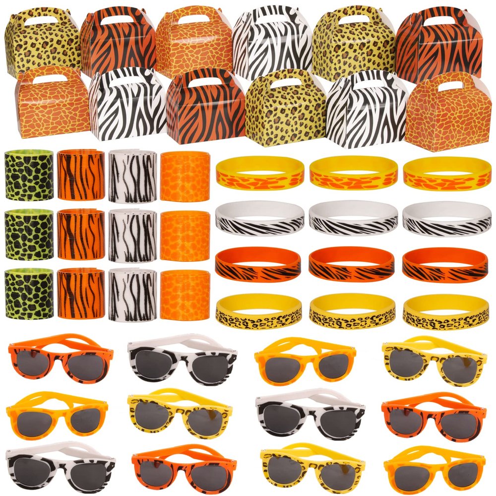 Tigerdoe Safari Party Favors Set 48 Pcs - Jungle Theme Boxes , Bracelets , Slinkys and Sunglasses - Animal Party Favors - Animal Theme