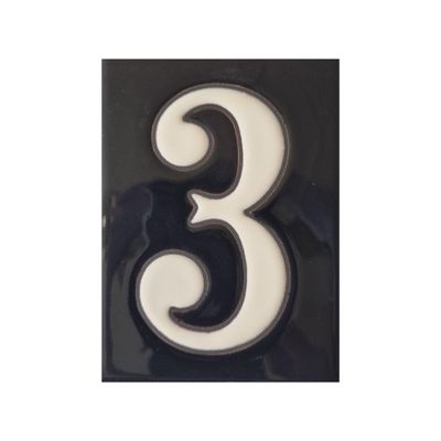 10cm x 7.5cm Black & White Spanish Hand-painted Number Tiles & Frames (Ceramic Number 3)