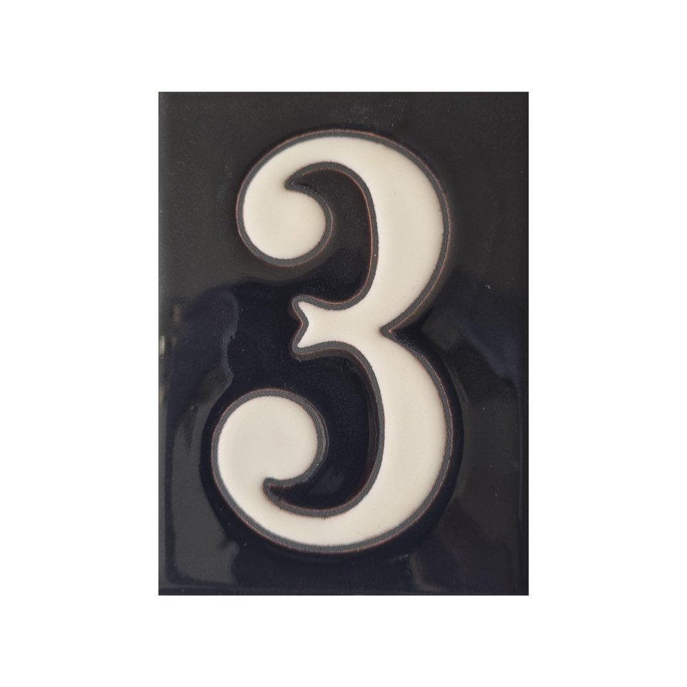 10cm x 7.5cm Black & White Spanish Hand-painted Number Tiles & Frames (Ceramic Number 3)