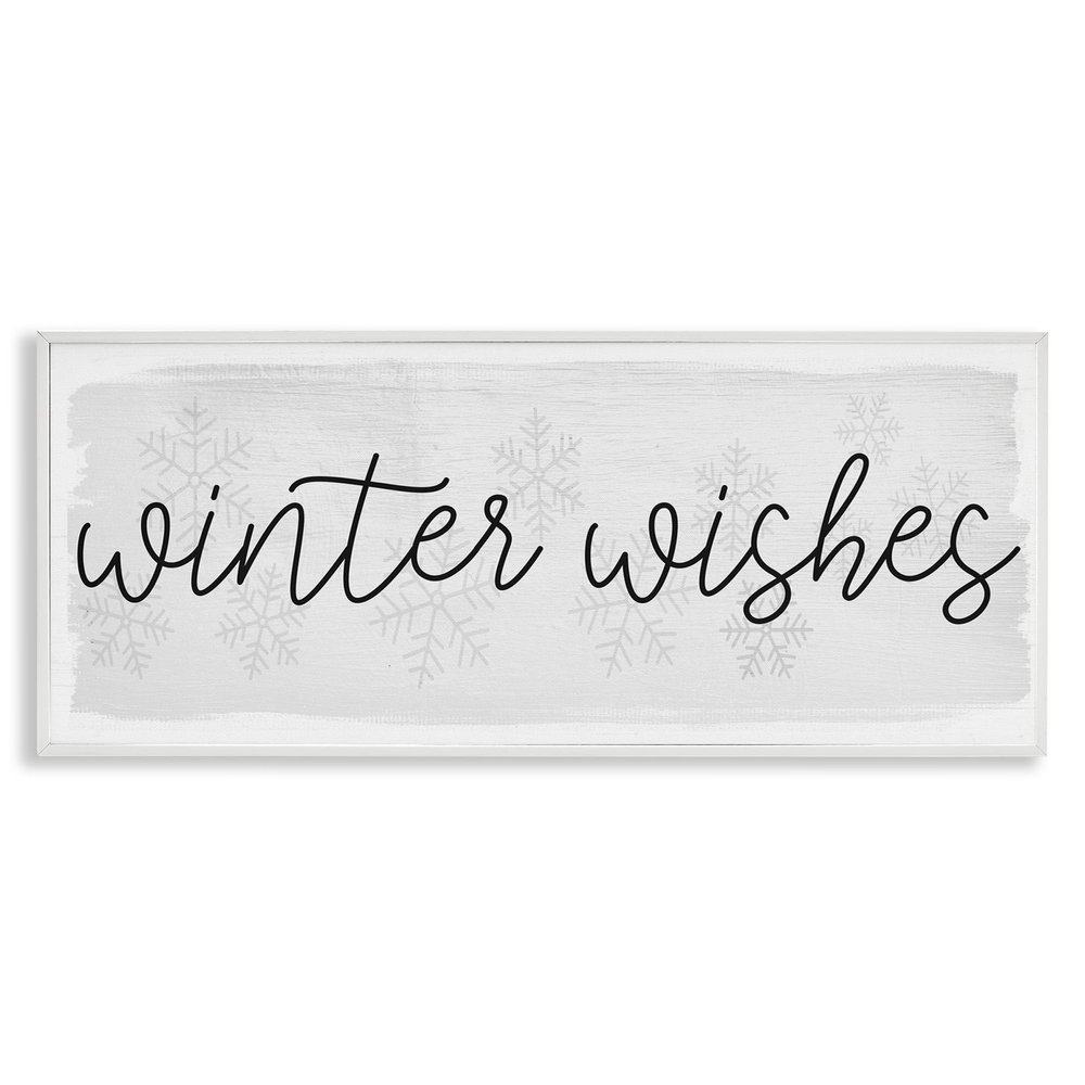 Stupell Industries Winter Wishes Sentiments Geometric Snow Flakes Cursive Typography White Framed Wall Art, 24 x 10