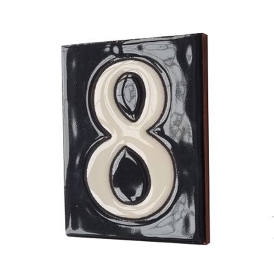 10cm x 7.5cm Black & White Spanish Hand-painted Number Tiles & Frames (Ceramic Number 8)