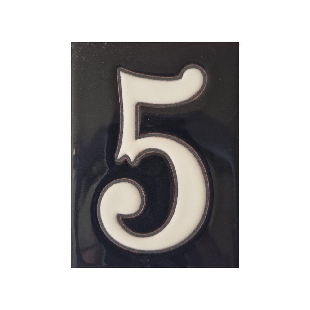 10cm x 7.5cm Black & White Spanish Hand-painted Number Tiles & Frames (Ceramic Number 5)