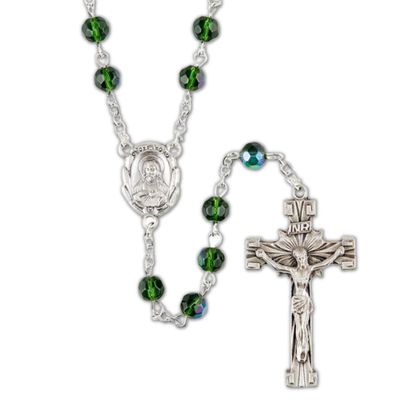 Christian Brands Catholic Rosary with Deep Green Glass Beads, Prayer Necklace with Silver Tone Sacred Heart Centerpiece, 20 Inches