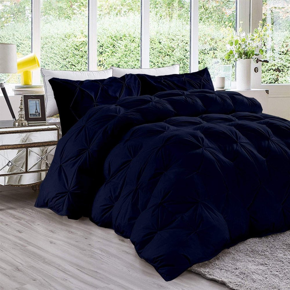 Home Luxury Warm 500 GSM Down Navy Blue Down Alternative 5 Pieces Quilted Pinch Pleated Comforter Set (Comforter + 4 Pillow Cases) 1000 TC Egyptian Cotton Duvet Insert California King