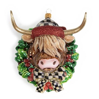 MacKenzie-Childs Glass Ornament - Highland Cow Wreath
