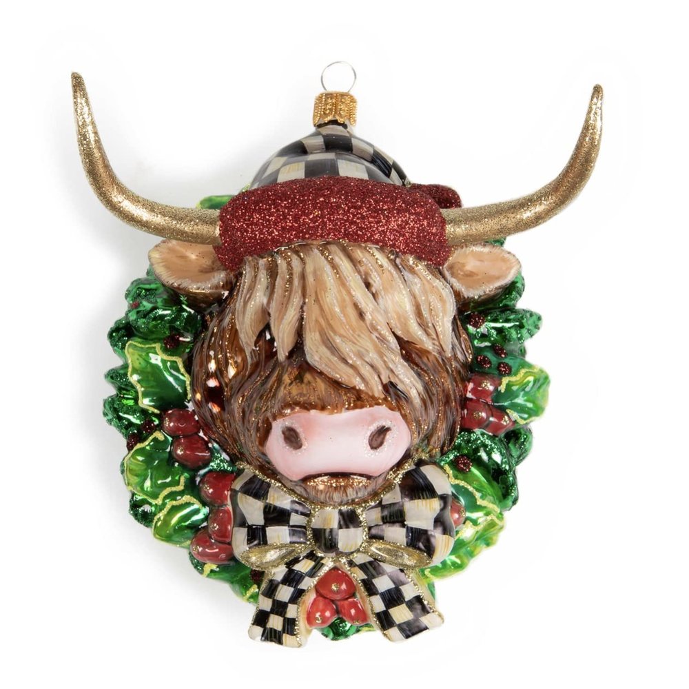 MacKenzie-Childs Glass Ornament - Highland Cow Wreath