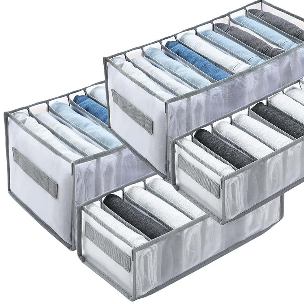 4Pcs Wardrobe Clothes Organizer, 9 Grids Washable Jeans Compartment Storage Box, Upgraded Mesh Separation Box with Handle, Foldable Drawer Organizers Clothes for Jeans, Shirt, Skirt, Legging, Grey