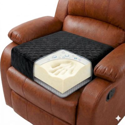 COMFORTANZA Medium-Soft 20x20x5 Memory Foam Recliner Chair Seat Cushion for Long Sitting - Armchair Pad with Washable Velvety Cover with Waterproof Layer & Non-Slip Base for Seniors & Elderly - Black