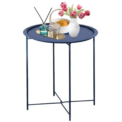 Garden 4 you End Table Metal Side Table Blue Round Folding Tray Cyan Sofa Small Accent Fold-able Table, Round End Table Tray, Next to Sofa Table, Snack Table for Living Room and Bed Room