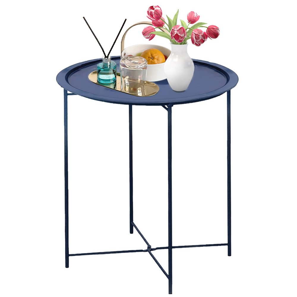 Garden 4 you End Table Metal Side Table Blue Round Folding Tray Cyan Sofa Small Accent Fold-able Table, Round End Table Tray, Next to Sofa Table, Snack Table for Living Room and Bed Room