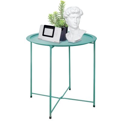 Garden 4 you End Table Metal Side Table Green Round Folding Tray Cyan Sofa Small Accent Fold-able Table, Round End Table Tray, Next to Sofa Table, Snack Table for Living Room and Bed Room