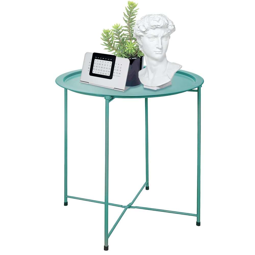 Garden 4 you End Table Metal Side Table Green Round Folding Tray Cyan Sofa Small Accent Fold-able Table, Round End Table Tray, Next to Sofa Table, Snack Table for Living Room and Bed Room